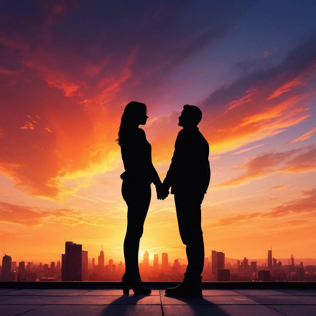 A mesmerizing silhouette of a confident person standing on a rooftop at sunset, exuding charm and allure. Surrounding them are glowing, abstract shapes symbolizing secrets being unveiled. The skyline is vibrant, blending warm colors of the sunset with cool city lights, suggesting transformation and energy. Overall, the image should radiate confidence and irresistible appeal. super-realistic. vibrant colors. sunset background.