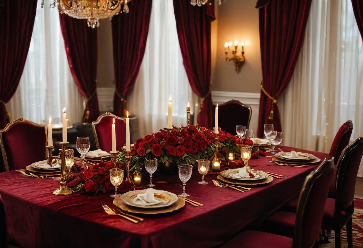 A luxurious, beautifully set dining table adorned with elegant tableware, flickering candles casting a warm glow, and deep red roses scattered across the surface. In the background, soft velvet drapes and shimmering gold accents create a seductive ambiance. A hint of vibrant colors and bold patterns in the decor subtly reflects passion and sophistication. super-realistic. rich colors. elegant atmosphere.